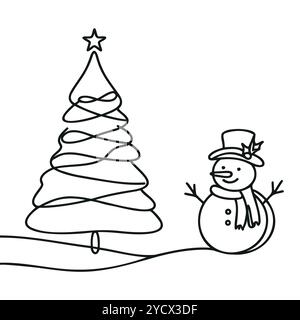 Continuous one line drawing of christmas tree and snowman in hat with scarf. Line vector illustration Stock Vector