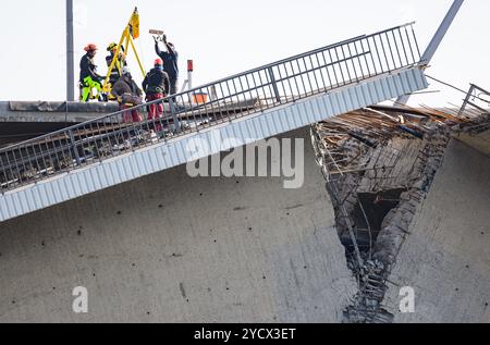 Dresden, Germany. 24th Oct, 2024. Experts work on the collapsed bridge span of the Carola Bridge. The western section of the bridge with streetcar tracks, cycle path and footpath collapsed on the night of September 11, 2024 for unknown reasons. Credit: Robert Michael/dpa/Alamy Live News Stock Photo