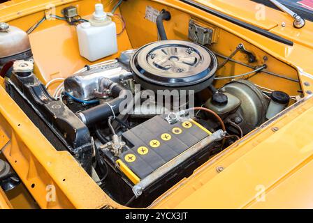 Car engine of old soviet vehicle Moskvich-412, under the hood of a retro russian car Stock Photo