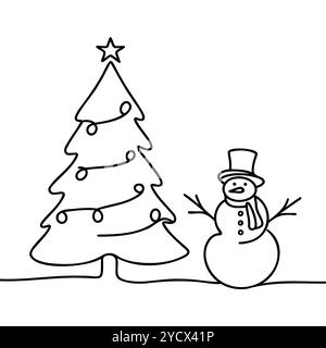 Continuous line drawing of snowman. One line drawing of a snowman ...