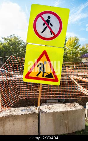 Construction site at a road in summer. Aerial view. Urban engineering ...