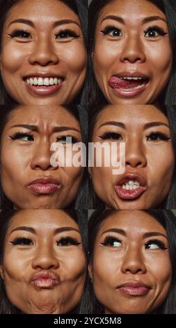 Collage. Close-up portrait of young Asian woman showing variety of different emotions, smiling, showing irritation, making humorous faces Stock Photo