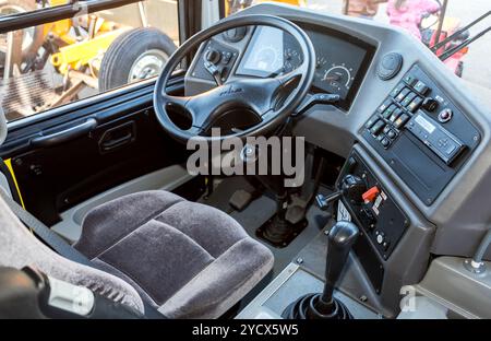 Inside of the cabine of school bus driver of Minsk Automobile Plant (MAZ) Stock Photo