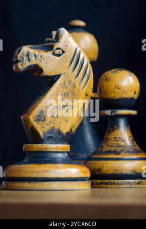 vintage chess figures closeup with focus on knight Stock Photo