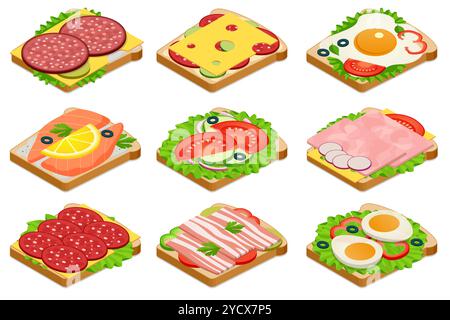 Isometric Baguette sandwich, hamburger with cheese and sauce, bagel with fish or chicken, ham, and salmon, featuring a breads. Illustrated food items Stock Vector
