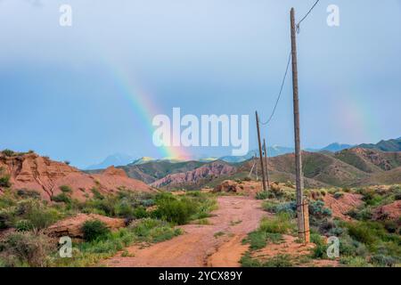 Rainbow over Skazka canyon, kyrgyzstan Stock Photo