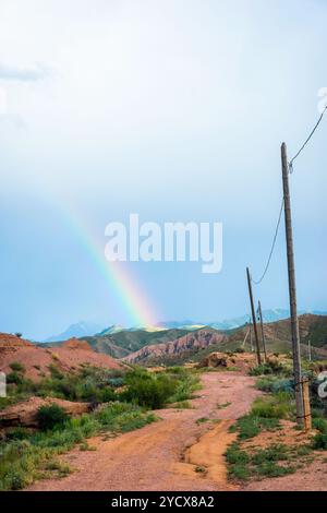 Rainbow over Skazka canyon, kyrgyzstan Stock Photo