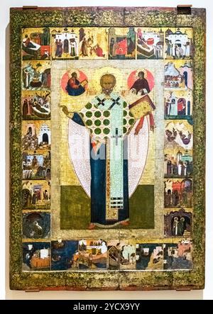 Antique Russian orthodox icon. St. Nicholas with the Scenes from his life, 16th century Stock Photo