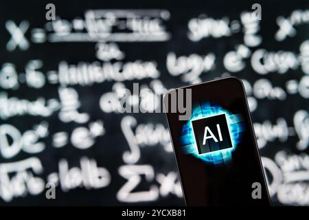 AI in school and math education. Science and mathematics with artificial intelligence app in phone. Equation, formula and function on chalkboard. Stock Photo