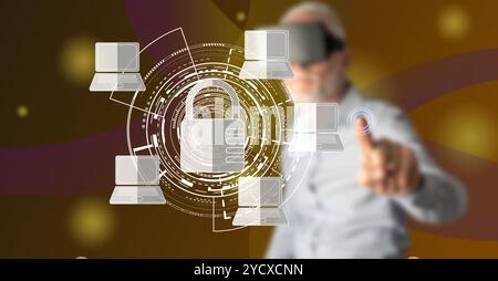 Man with vr headset touching a data protection concept on a touch screen with his finger Stock Photo