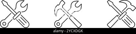 Crossed Tools Line Icon Set. Wrench, Hammer, and Screwdriver for Maintenance and Repair. Construction and Technical Service Outline Symbol Collection Stock Vector