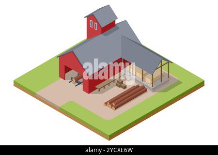 Isometric Sawmill. Lumberjack with saw machinery for wood working and transportation isometric icons set 3d isolated vector illustration Stock Vector
