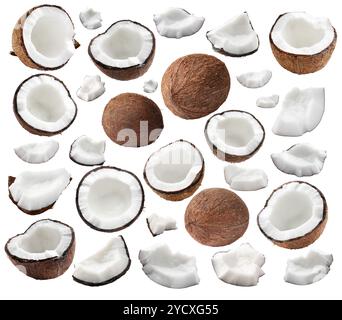 Coconuts isolated on white, collage. Whole and pieces Stock Photo