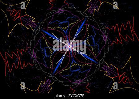 This captivating abstract creation displays a harmonious blend of swirling patterns and vibrant lines in vivid colors against a dark backdrop, stimula Stock Photo