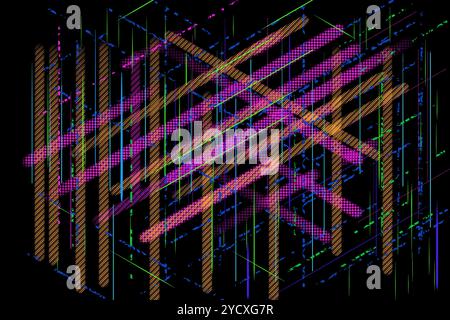 Abstract composition features colorful lines and geometric shapes layered over a dark background, highlighting the creativity in digital design and vi Stock Photo