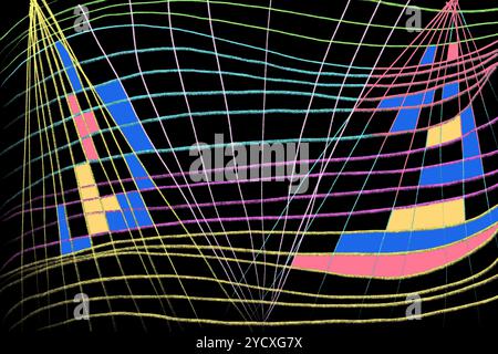 A vibrant arrangement of colorful geometric shapes and lines creates a dynamic visual effect The abstract design showcases a grid that adds depth agai Stock Photo