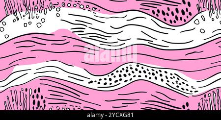 Soft waves of pink and white intertwine with black lines and dots, creating a calming abstract design perfect for modern decor or art projects Stock Photo