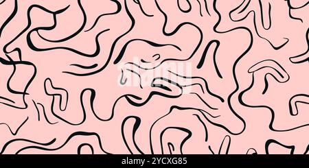 Curvy black lines dance across a soft beige backdrop, forming abstract shapes that evoke a sense of movement and fluidity, perfect for a modern design Stock Photo
