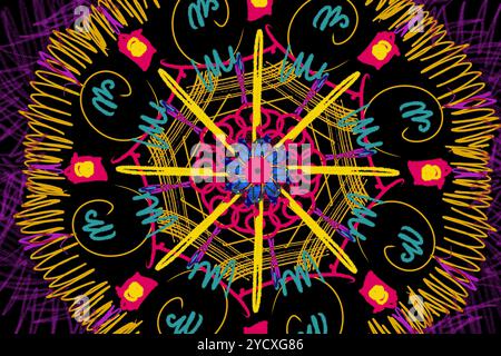 A dynamic mandala features an array of geometric shapes and vivid colors, creating an engaging visual experience that represents artistic creativity a Stock Photo