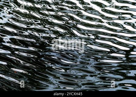 Captivating monochrome image showcasing the swirling water patterns and glossy reflections at the serene Port of Viavelez, highlighting nature's artis Stock Photo