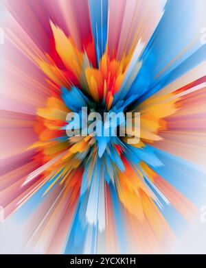This vivid 3D illustration showcases an explosive burst of colors, forming a dynamic and abstract visual effect that simulates a high-energy impact, i Stock Photo