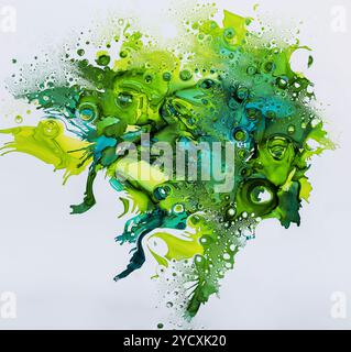 A dynamic explosion of green and blue ink drops dispersing in water, creating an abstract, artistic pattern with swirling and bubbling effects Stock Photo