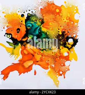 A captivating abstract art piece featuring dynamic splashes of ink in bold orange, yellow, green, and black hues, against a stark white background, cr Stock Photo