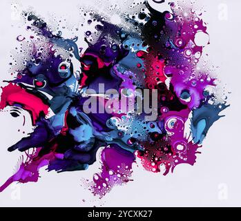 Vivid ink drops in purple, blue, and pink hues exploding dynamically against a stark white backdrop, creating an abstract, artistic effect Stock Photo