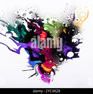 A dynamic abstract composition featuring vivid drops of colored ink blending into a background of effervescent bubbles creating a visually striking im Stock Photo