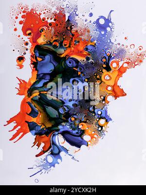 Vivid and dynamic abstract composition featuring splashes of ink in blue, orange, and red, creating a bustling atmosphere filled with bubbles and drip Stock Photo