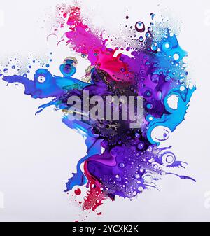 This image features a dynamic explosion of ink in vibrant colors including blue, purple, and magenta, creating an abstract and visually captivating co Stock Photo