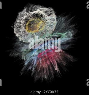 A 3D illustration showcasing a vibrant explosion of particles in various colors bursting against a black backdrop. Stock Photo