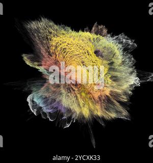 Stunning 3D-rendered particle explosion with a burst of colors against a dark backdrop, suitable for creative design elements. Stock Photo