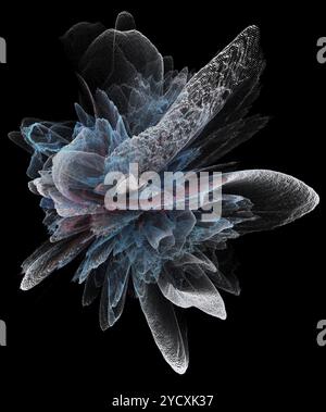 An abstract 3D render of a particle burst, showcasing dynamic textures and light interactions on a black background, suitable for modern design concep Stock Photo