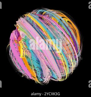 An abstract 3D graphic of a spherical shape made from swirling particle streaks in a spectrum of vibrant colors against a dark background Stock Photo