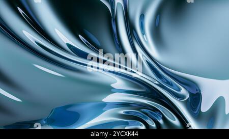 A 3D illustration features swirling blue metallic textures with glossy reflections, perfect for a modern background. Stock Photo