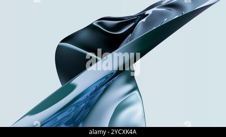 This image showcases a 3D illustration of a flowing metallic texture, with striking blue reflections on a tranquil background. Stock Photo