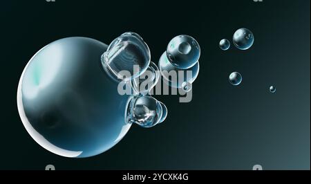 A 3D illustration featuring an assortment of reflective water bubbles floating against a dark background The rendered image showcases bubbles of diffe Stock Photo