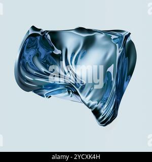 An intricate 3D illustration of fluid metallic shapes with deep blue reflections on a subtle background. Stock Photo