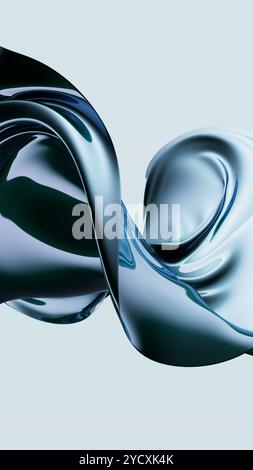 A 3D illustration showcasing the interplay of light and shadow on blue metallic curved surfaces with reflections. Stock Photo