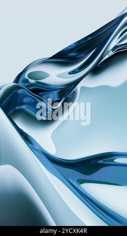 Abstract 3D render of flowing shapes with glossy blue metallic reflections, creating a sleek, modern illustration. Stock Photo