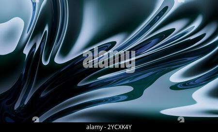 Dynamic 3D rendered illustration of abstract fluid shapes with glossy blue metallic reflections creating a futuristic vibe. Stock Photo