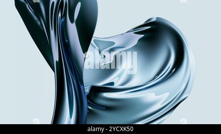 This image showcases a 3D-rendered blue metallic sculpture with fluid forms and glossy reflections, set against a light background. Stock Photo