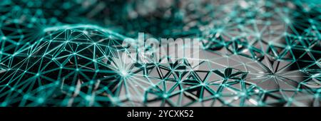 This 3D illustration features an abstract network of interconnected lines and nodes, visualizing complex data structures in a stunning turquoise hue Stock Photo