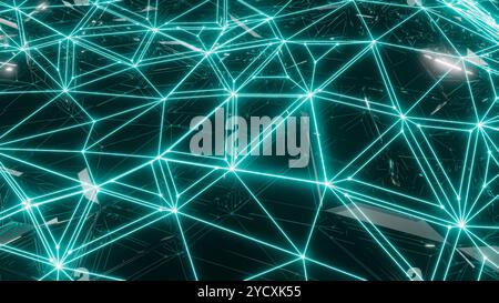 A striking 3D illustration depicting a complex network of intersecting turquoise lines on a dark background, symbolizing a digital data connection or Stock Photo