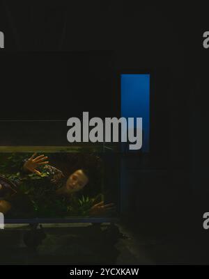 Captivating image of a young woman submerged in a dimly lit water tank, surrounded by lush plants and extending her hands towards the glass, creating Stock Photo