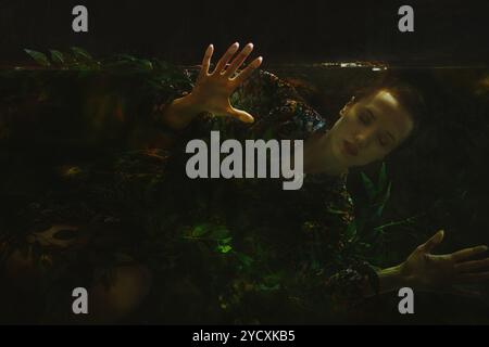 A hauntingly beautiful underwater portrait showing a woman submerged in dark waters, surrounded by rich green foliage Her serene, fairy-tale expressio Stock Photo