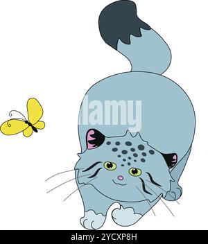 A contented wild gray cat manul looks at a yellow butterfly, easy to edit, stock vector Stock Vector