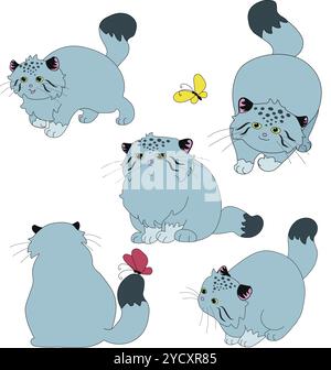 big fluffy wild cat manul. Set of vector illustrations in cartoon style Stock Vector