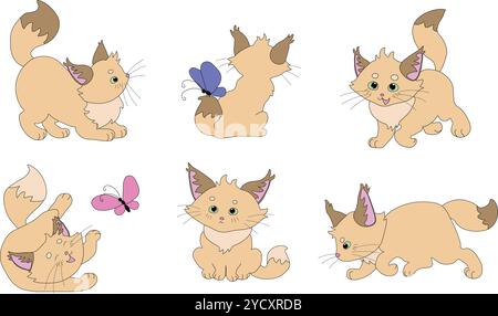 beige cute sand cat. Set of vector illustrations in cartoon style Stock Vector